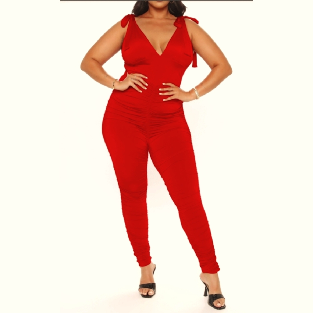 Red Ruched Jumpsuit